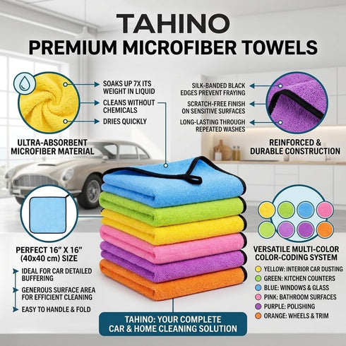 TAHINO 16x16 Inch, Pack, Pack 6 Microfiber Cleaning Towels, Multi-Color Ultra Absorbent, Car & Household Use