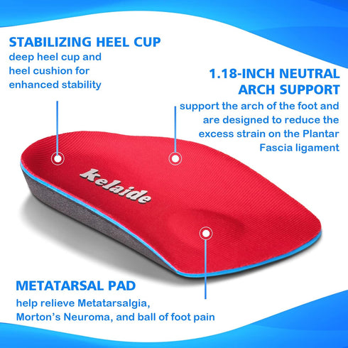 Kelaide 3/4 Orthotic Inserts for Plantar Fasciitis – Neutral Arch Support Insoles for Flat Feet and Heel Pain Relief