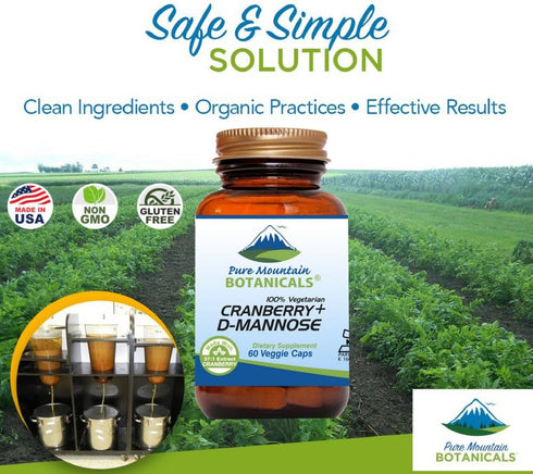 Pure Mountain Botanicals Cranberry D Mannose Capsules - 60 Kosher Vegan Caps, 1000mg