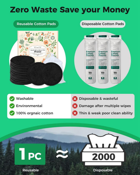 ProCIV Reusable Makeup Remover Pads - 25 Packs Washable Organic Reusable Cotton Rounds for All Skin Types & Toner with Laundry Bag, Eco Friendly Zero Waste Reusable Cotton Pads Travel Gadgets (Black)