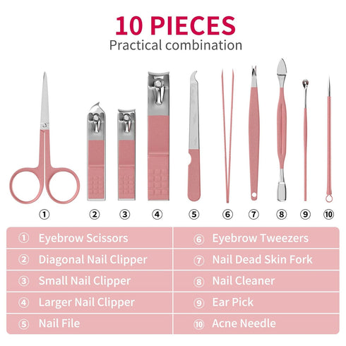 ZIZZON Mini Travel Manicure Set, 10 in 1 Stainless Steel Nail Clipper Grooming Kit with Case, Pink