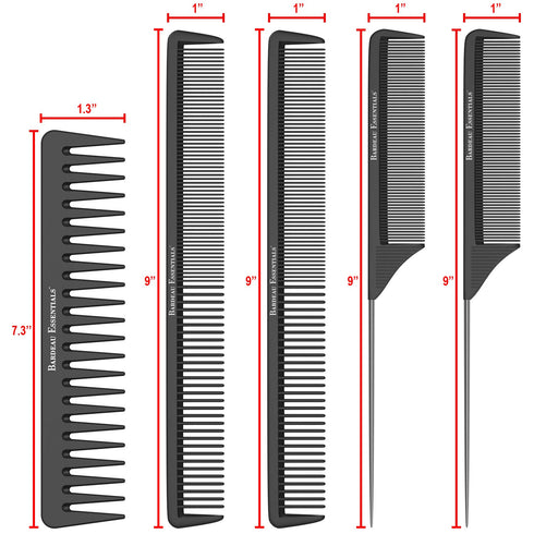 Salon Styling Combs | 5 Piece Professional Black Carbon Fiber Hair Comb Set for Men and Women