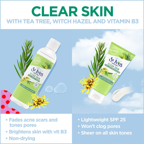 St. Ives 3-in-1 Clear Skin Lotion - SPF 25 Face Moisturizer for Acne Prone, Oily, or Combo Skin, 3 Fl Oz