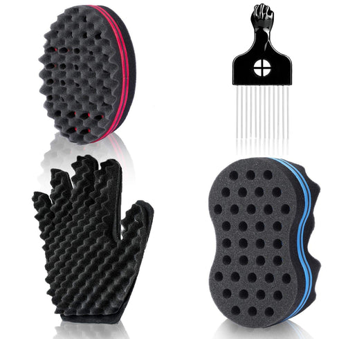 Magic Twist Hair Sponges Set, Big Holes Sponge Brush for Hair, Curling Sponge Glove for Men Women with Metal Afro Pick