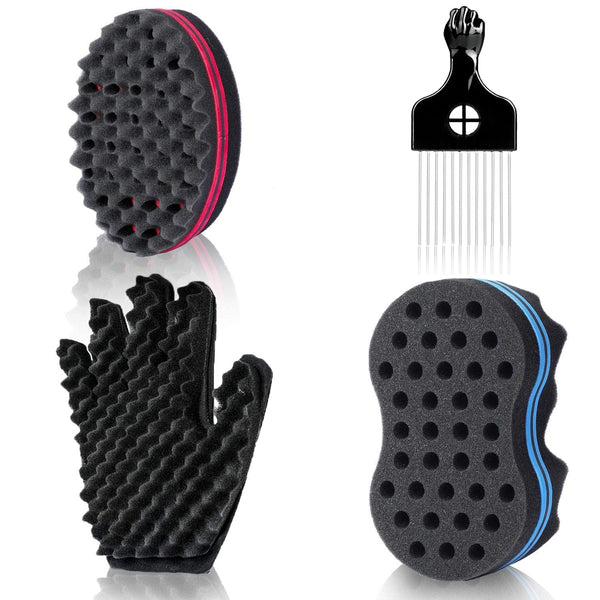 Magic Twist Hair Sponges Set, Big Holes Sponge Brush for Hair, Curling Sponge Glove for Men Women with Metal Afro Pick