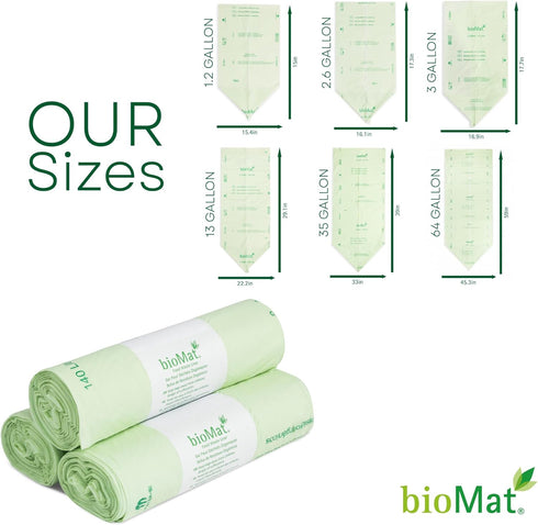 bioMat Compost Bags, 3 Gallon, 125 Count, BPI Certified ASTM D6400, Tear Resistant & Leak Proof