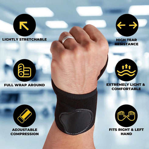 NeoTech Care Wrist Band Support Wrap - Adjustable Compression Strap, Elastic & Breathable Fabric, Black Color, Size L,