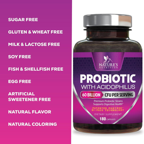 Probiotics 60 Billion CFU, with Prebiotics for Digestive & Immune Health Support, 120 Capsules, Soy & Gluten Free