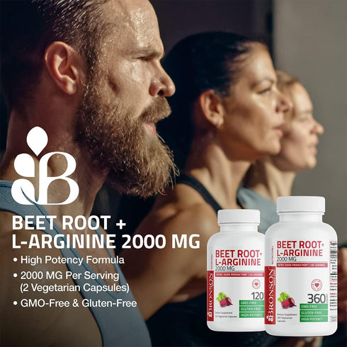 Bronson Beet Root + L-Arginine 2000 MG Nitric Oxide Production Supplement, Non-GMO, 120 Vegetarian Capsules