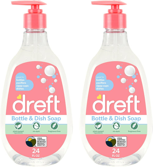 Dreft Baby, Bottle and Dish Soap, Plant Based, Fragrance Free, Travel Size, 24 Fl Oz (Pack of 2)