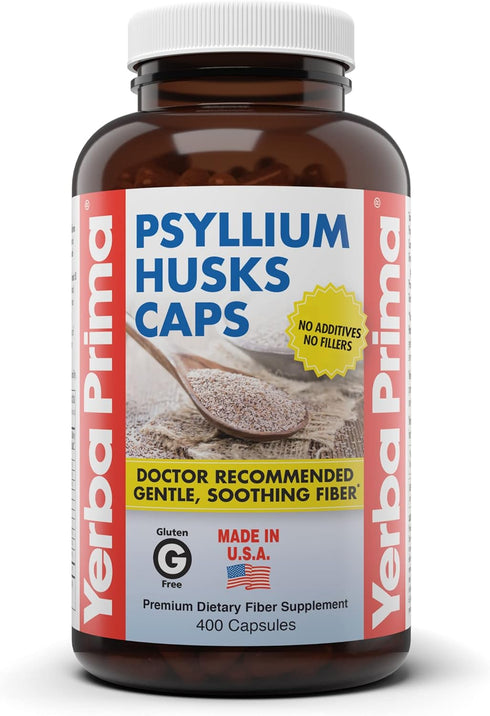 Yerba Prima Psyllium Husks Caps, 625 mg, 400 Capsules - Natural Fiber Supplement for Men and Women, Regularity Support