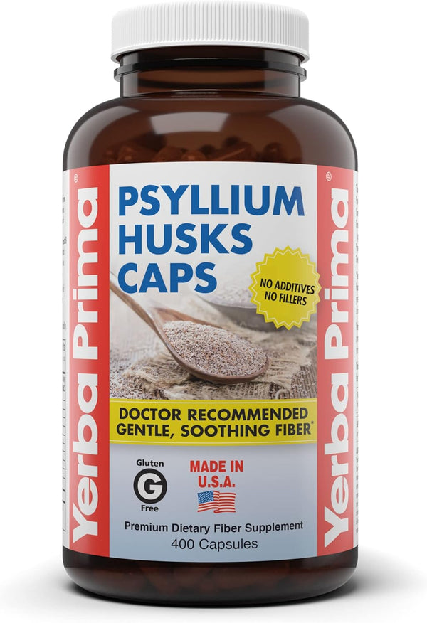Yerba Prima Psyllium Husks Caps, 625 mg, 400 Capsules - Natural Fiber Supplement for Men and Women, Regularity Support