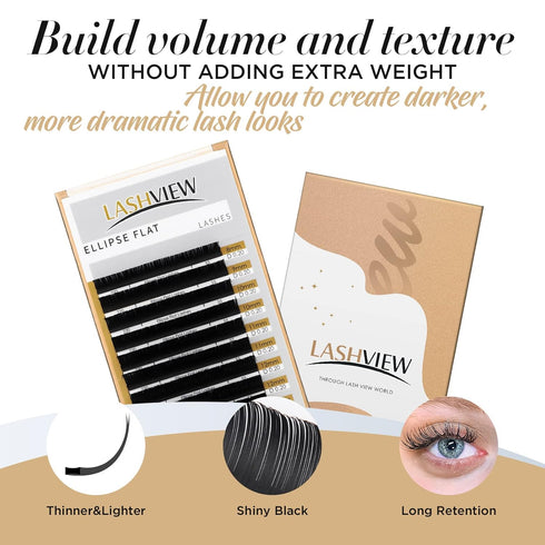LASHVIEW Eyelash Extensions, Ellipse Flat 0.20mm D Curl 13mm, Mink Black, Individual Lashes