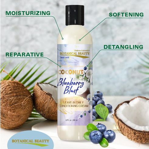 Coconut Blueberry Blast Leave-In Daily Conditioning Cream for Hair Softening, Detangling, Damage Repairing and Breakage Prevention 8 Fl. Oz. 240 ml.