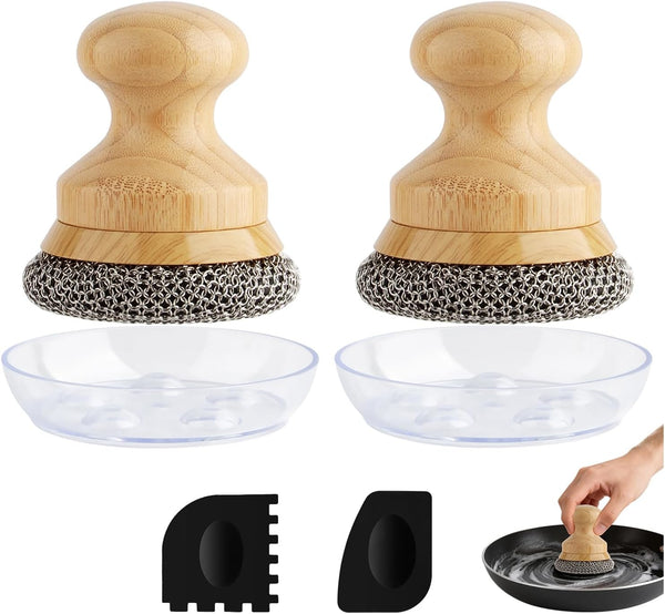 Cast Iron Scrubber and Scraper,Chain Mail Cleaner with Bamboo Handle & Draining