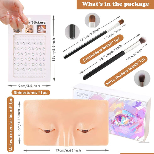 Makeup Practice Face Board, Silicone Makeup Mannequin Face for Makeup Artist Supplies, Mannequin Face for Makeup Practice with Makeup Brushes Rhinestones Sticker(Bright)