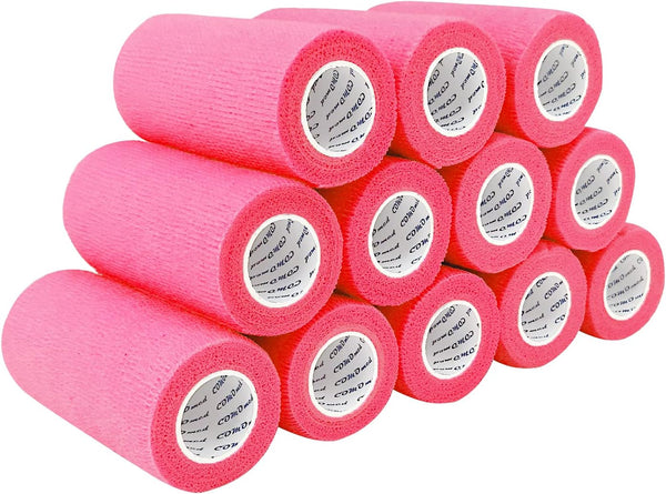 Self Adherent Cohesive Bandage - 4"x5 Yards, Hot Pink, 12 Rolls for First Aid, Athletic Tape
