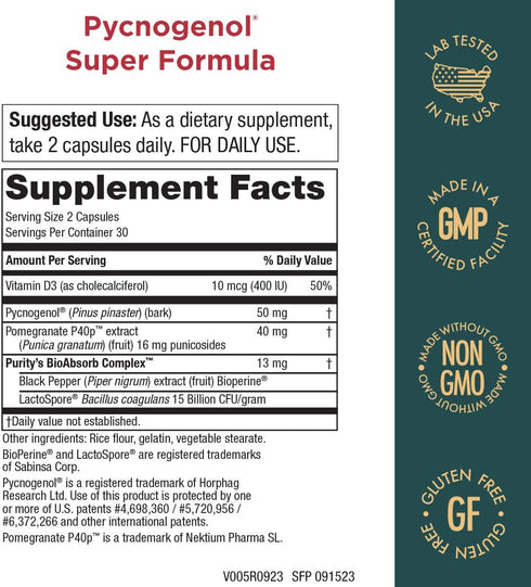 Pycnogenol Super Formula - Activated Pycnogenol Pomegranate P40p - 60 Capsules