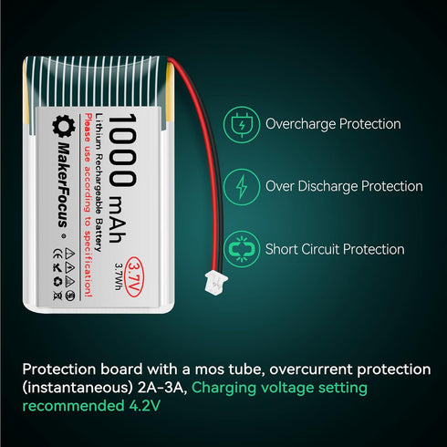 MakerFocus 4pcs 3.7V Lithium Rechargeable Battery - JST1.25 Connector, 1000mAh with Protection Board