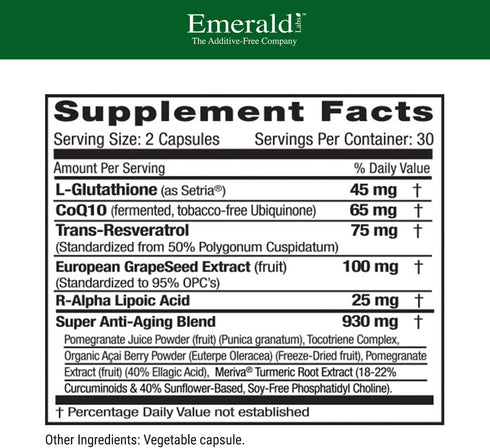 EMERALD LABS Anti-Aging Cellular Complex | L-Glutathione, Resveratrol, CoQ10, Grapeseed Extract, Alpha Lipoic Acid - 60