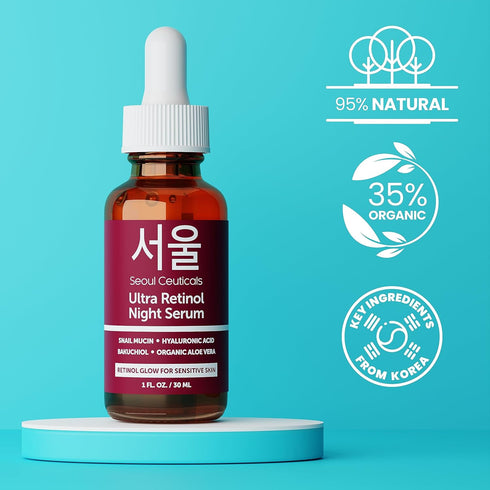 SeoulCeuticals 1% Korean Retinol Night Serum for Face - 97.5% Snail Mucin + Hyaluronic Acid + Bakuchiol, 1oz