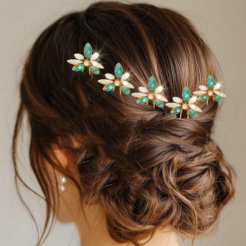 Yokawe Wedding Hair Pins, Gold Rhinestone Bridal Hairpin, Green Crystal Headpiece Hair Accessories for Women (Pack of 5)