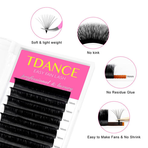 TDANCE Easy Fan Lash Extension, Rapid Blooming Volume Eyelash Extensions, C CC D DD J B L Curl, 0.03-0.12mm