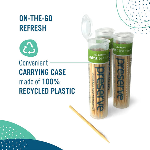 Preserve Toothpicks, Natural Mint Tea Tree Flavored for Fresh Breath, Sustainably Harvested Birch Wood - 3 Travel Cases