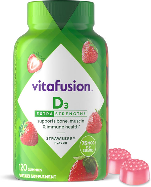 vitafusion Extra Strength Vitamin D3 Gummy, Strawberry Flavored, 120 Count, Bone and Immune System Support