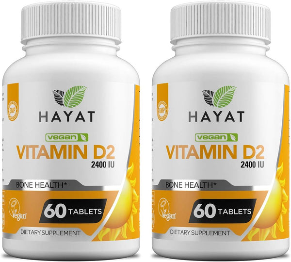 HAYAT Vitamins Vegan Natural Vitamin D, 2400 IU, D2, Certified Halal, Pack of 2