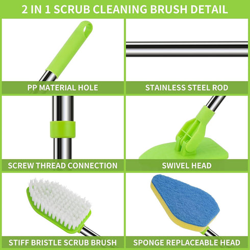 WVIOUOPU 35'' 1 3 Scrub Cleaning Brush with Long Handle - Extendable Floor Scrubber with Stiff Bristles & Sponge Brush