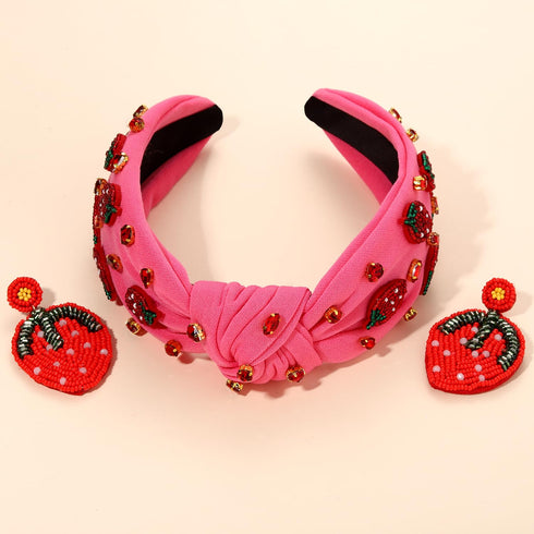 Strawberry Headbands for Women, Tropical Fruit Embellished Rhinestone Crystal Wide Top Knot Headband, Summer Hair