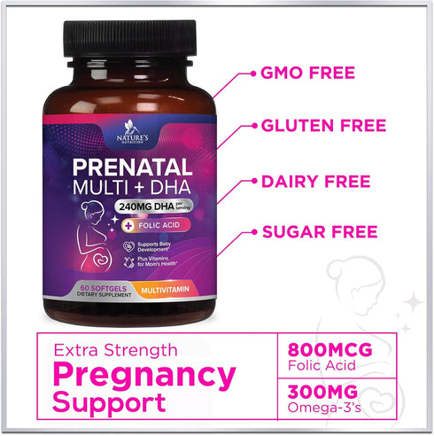Women's Prenatal Multivitamin with Folic Acid + DHA, 60 Softgels for Fetal Support, Non-GMO