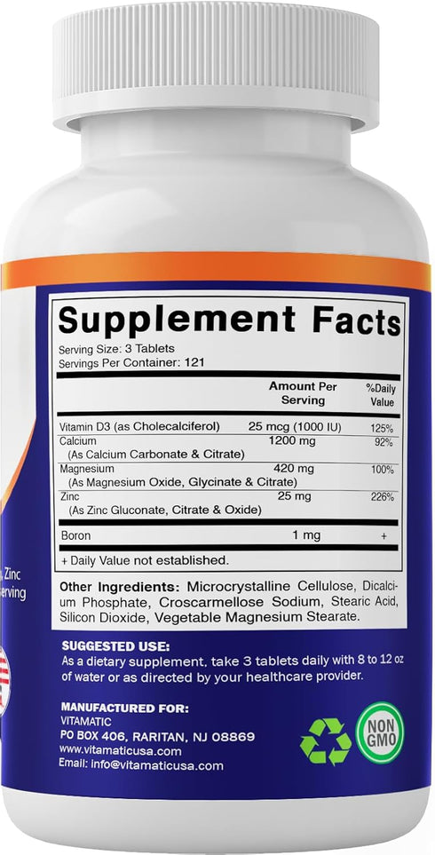 Vitamatic Calcium Magnesium Zinc D3 Boron | 365 Coated Tablets Supplement | Calcium 1200 mg, Magnesium 420mg, Zinc