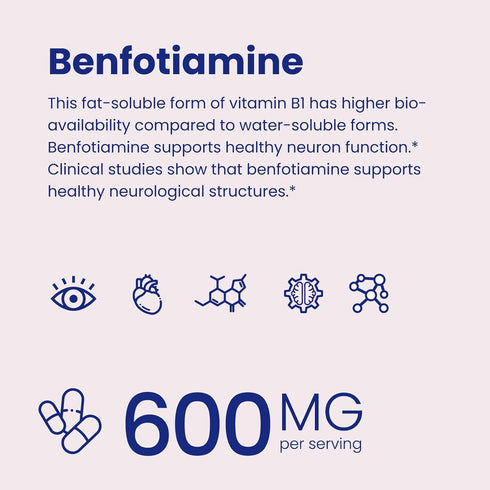 Benfotiamine 600mg Supplement - 120 Veggie Capsules for Max Boost Bioavailable Thiamine B1 Levels