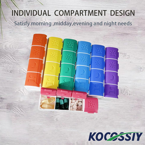 KOCOSSIY 4 Pack 1 Weekly Pill Organizer Times a Day, Daily Pill Box with EVA Cover, with Large Compartment to Hold
