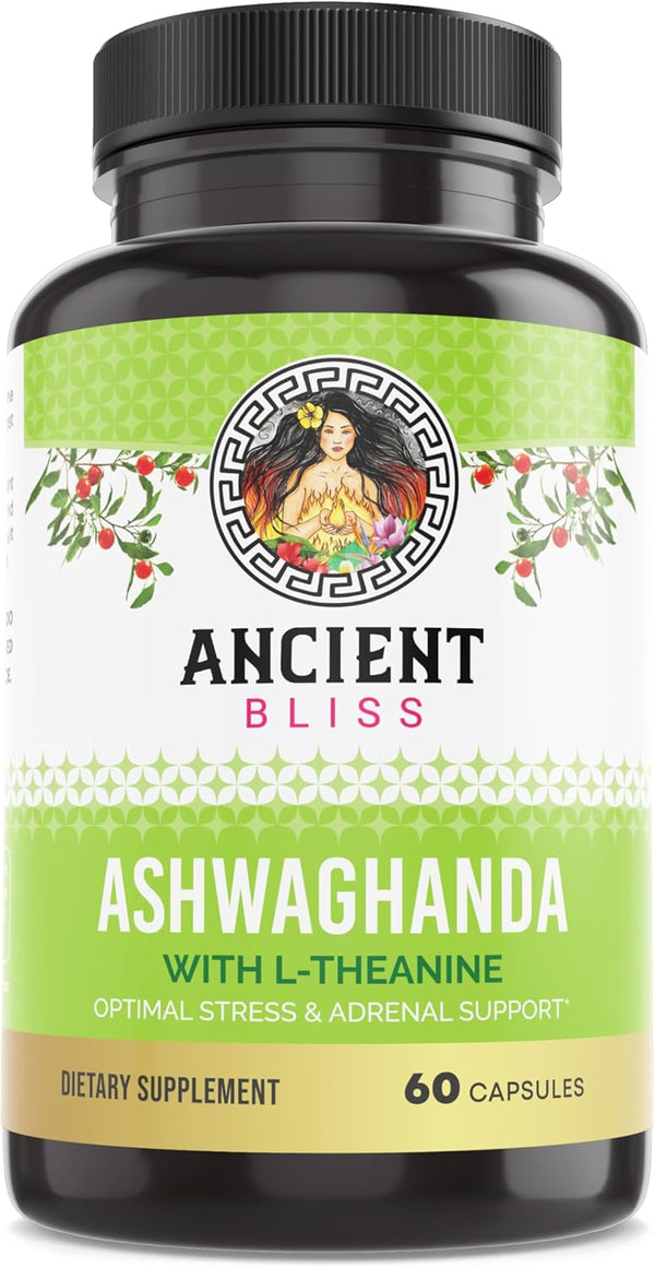 Ancient Bliss Ashwagandha Capsules with L-Theanine & Black Pepper Extract, Energy & Mood Support Supplement for Adults