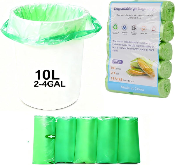 QIXINNET Green Biodegradable Trash Bags 2-4 Gallon, 100 Count (5 Rolls), Small Garbage