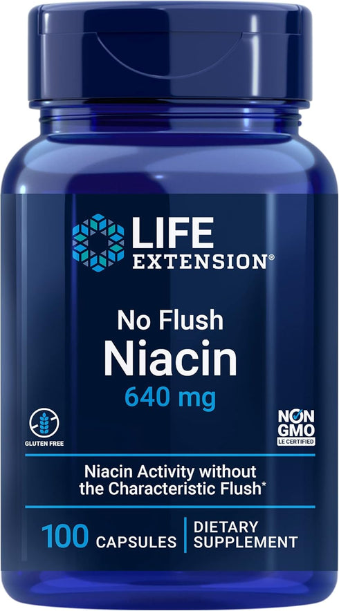 Life Extension No Flush Niacin, B3 for Heart Health, Cholesterol & Energy Support, Non-GMO, 100 Capsules