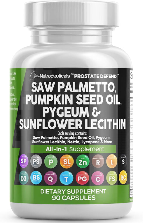 Clean Nutraceuticals Saw Palmetto 10000mg, 90 Caps Prostate Supplements with Pumpkin Seed Oil & Stinging Nettle
