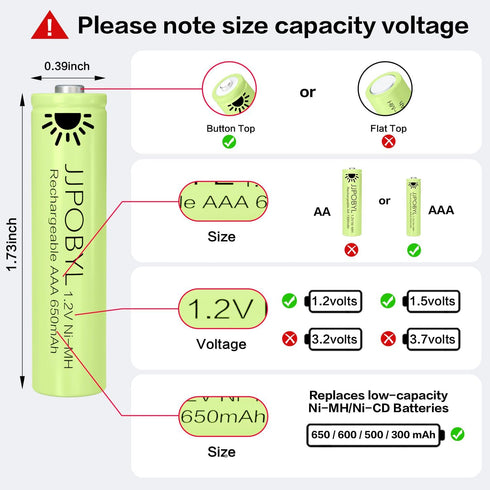 JJPOBYL 1.2V 650mAh, (12 Pack Ni-MH AAA Rechareable Batteries Solar Batteries for Outdoor Solar Lights, Garden