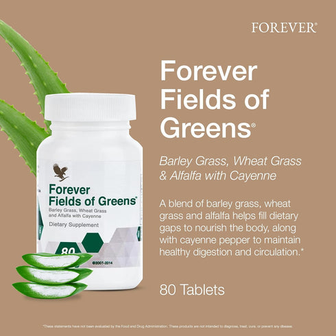 Forever Living Fields of Greens - Green Superfood Supplement with Barley Grass, Wheat Grass, 80 Tablets