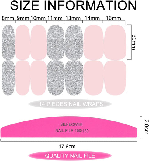 SILPECWEE Pink Nail Wraps for Women, Solid Color Glitter Self Adhesive Nail Polish Stickers with 1pc Nail File (16