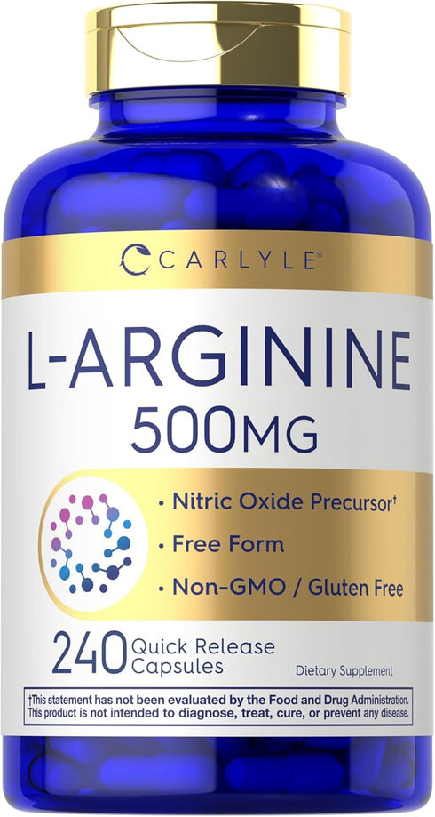 Carlyle L-Arginine 500mg Capsules | 240 Count | Free Form, Non-GMO & Gluten Free Supplement