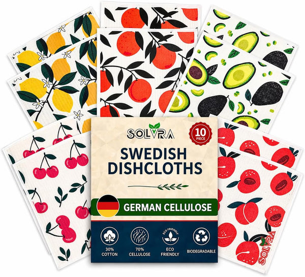 Solvra 10 PCS Fruit Print Swedish Dishcloths for Kitchen 100% Biodegradabl, Reusable Cellulose
