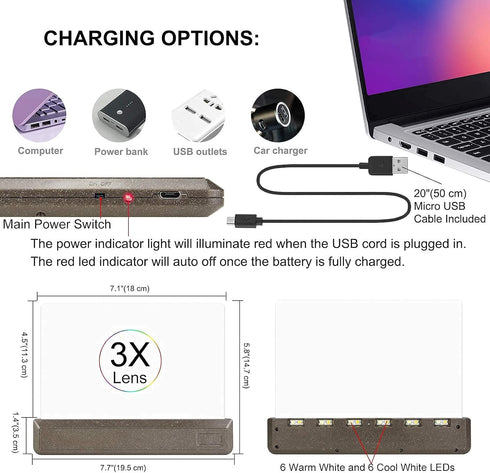 LUXSWAY Rechargeable 3X Full Page Magnifier for Reading - Illuminated Magnifying Glass with 12 Super Bright LEDs,