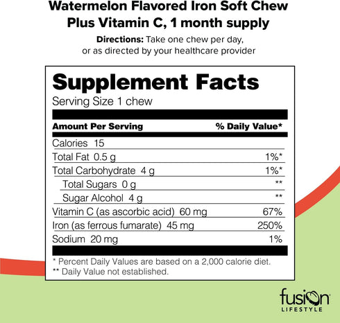 Iron Supplement for Women and Men, Watermelon Flavored Iron Soft Chew Plus Vitamin C for Iron Deficiency and Anemia, 1 Month Supply, 30 Count