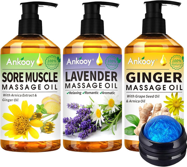 3 Pack Massage Oil for Therapy, Sore Muscle Oil, Arnica Oil, Lavender Oil, Ginger Oil, Relaxing Massage Gifts Kit