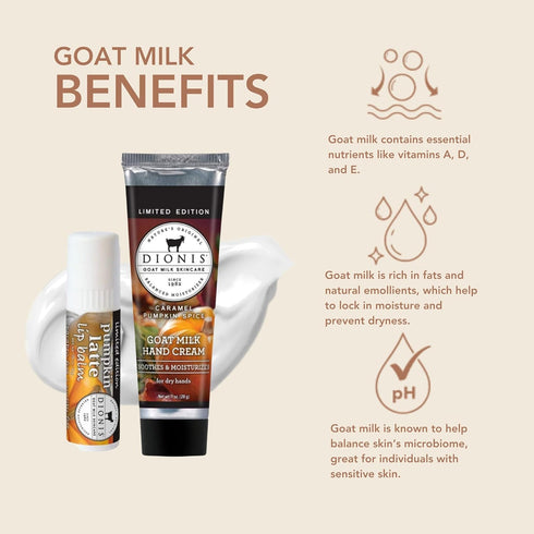 Dionis Goat Milk Skincare Caramel Pumpkin Spice Scented Hand Cream & Lip Balm Set (1 oz and .28 oz) - Made in the USA - Cruelty-free and Paraben-free