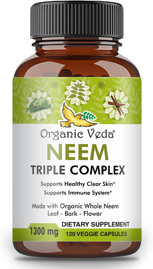 Organic Veda Neem Capsules, Triple Complex Neem Leaf Extract, 120 Count Herbal Supplement for Immunity & Skin Health